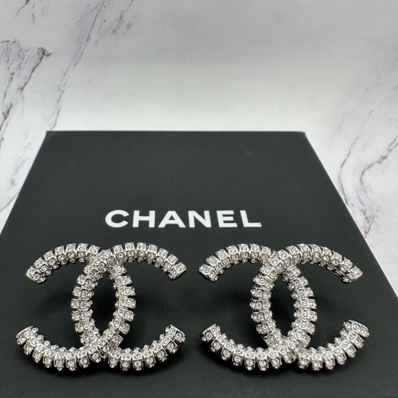 CHANEL Jewelry - ❌❌ SOLD Chanel 2023 Big Interlocking CC Logo Crystal Stud Statement New Earrings